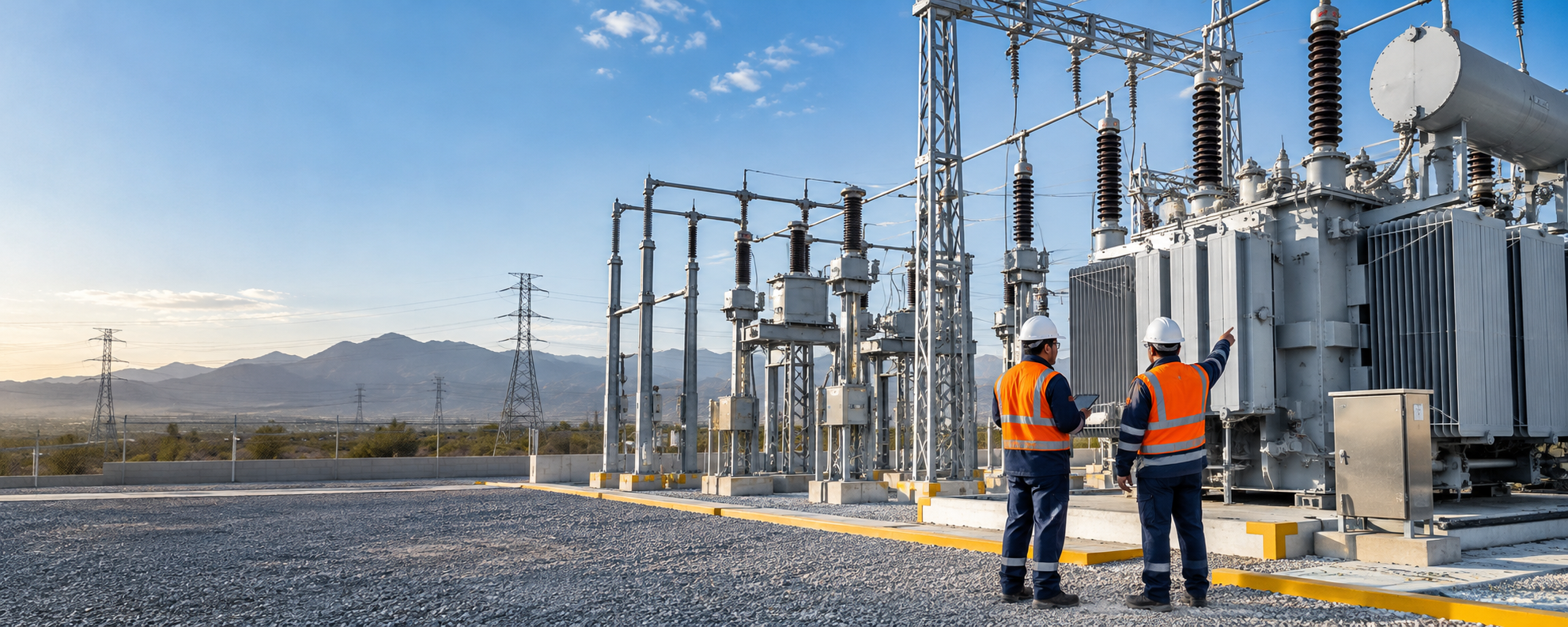 Subestación eléctrica de potencia con técnicos especializados inspeccionando equipo